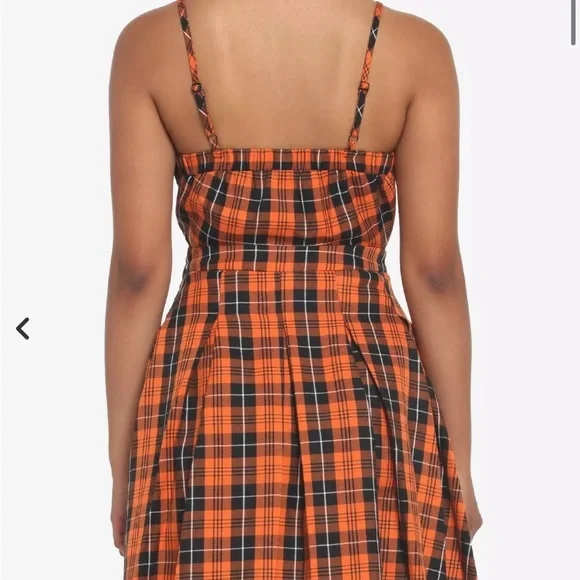 Hot Topic Black & Orange Plaid Pleated Lace-Up Dress Halloween - Picture 3 of 8